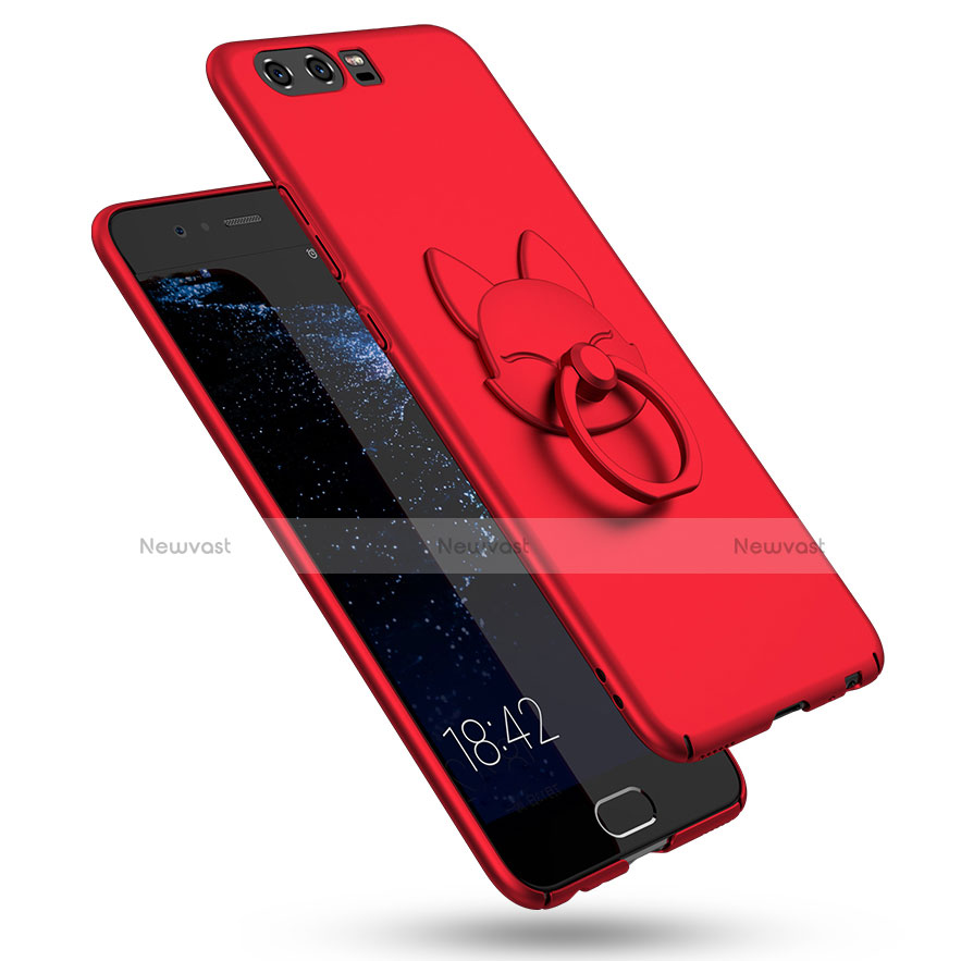 Hard Rigid Plastic Matte Finish Snap On Case with Finger Ring Stand A04 for Huawei P10 Red