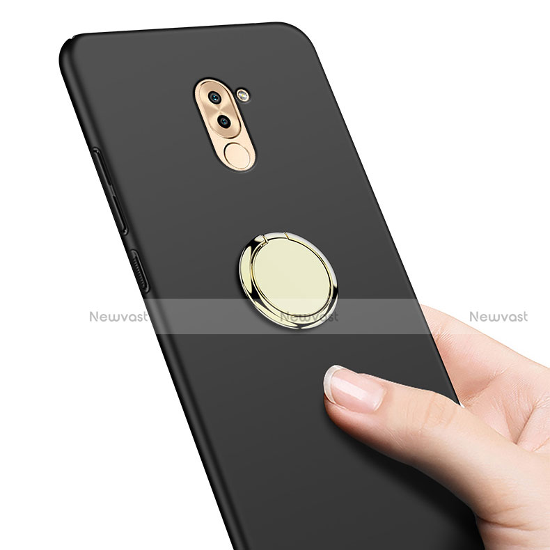 Hard Rigid Plastic Matte Finish Snap On Case with Finger Ring Stand A05 for Huawei Honor 6X Pro Black