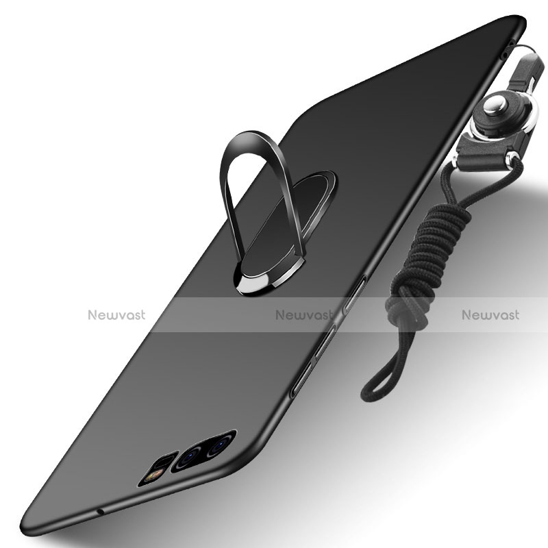 Hard Rigid Plastic Matte Finish Snap On Case with Finger Ring Stand and Lanyard for Huawei P10 Black