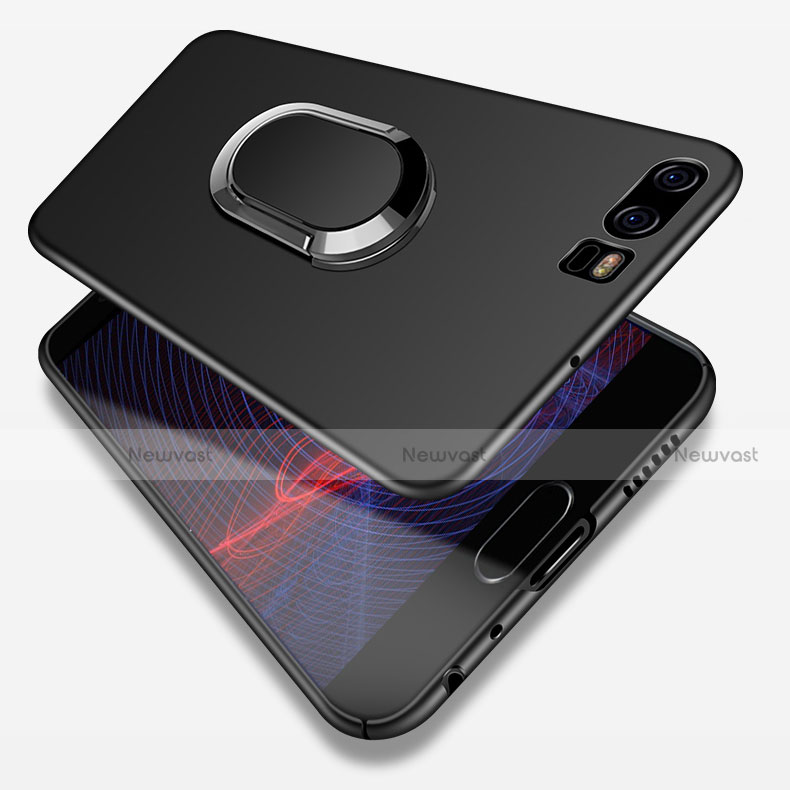 Hard Rigid Plastic Matte Finish Snap On Case with Finger Ring Stand and Lanyard for Huawei P10 Black