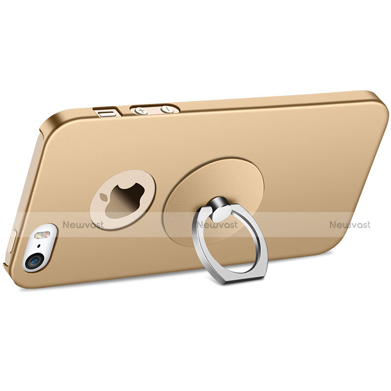 Hard Rigid Plastic Matte Finish Snap On Case with Finger Ring Stand for Apple iPhone 5S Gold