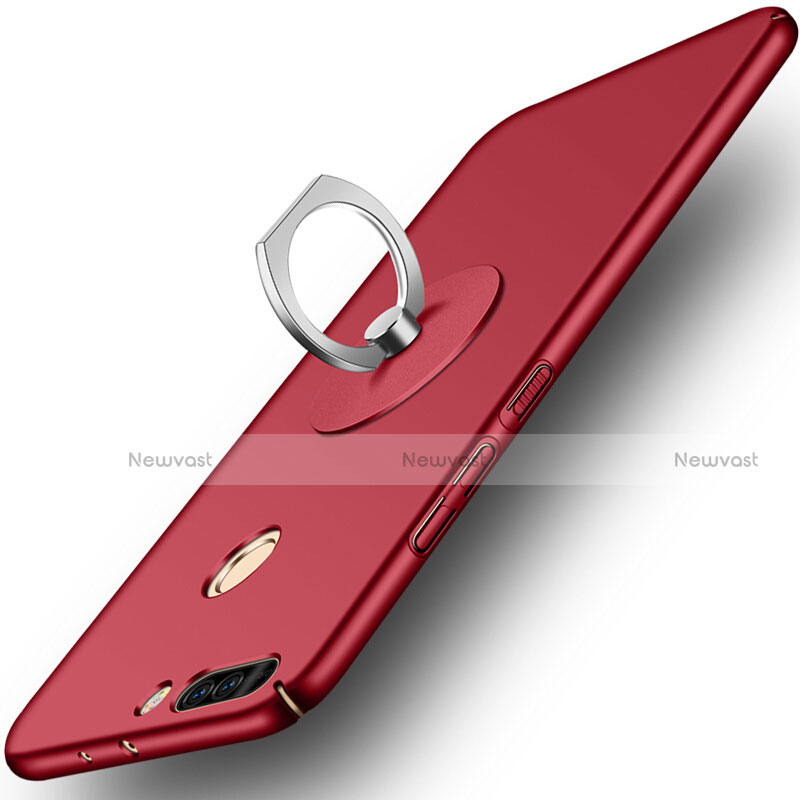 Hard Rigid Plastic Matte Finish Snap On Case with Finger Ring Stand for Huawei Honor V9 Red