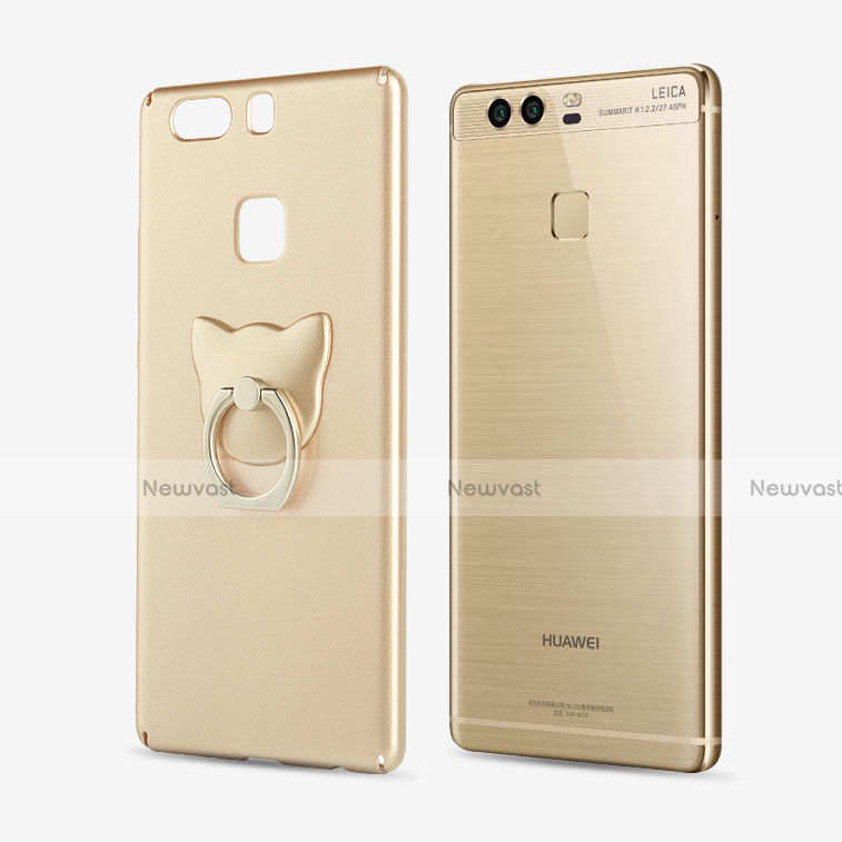 Hard Rigid Plastic Matte Finish Snap On Case with Finger Ring Stand for Huawei P9 Plus Gold