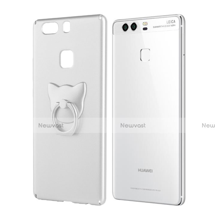 Hard Rigid Plastic Matte Finish Snap On Case with Finger Ring Stand for Huawei P9 Plus Silver