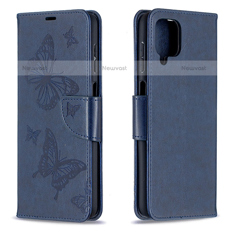 Leather Case Stands Butterfly Flip Cover Holder B01F for Samsung Galaxy A12 Blue