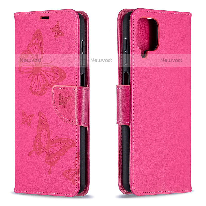 Leather Case Stands Butterfly Flip Cover Holder B01F for Samsung Galaxy A12 Hot Pink