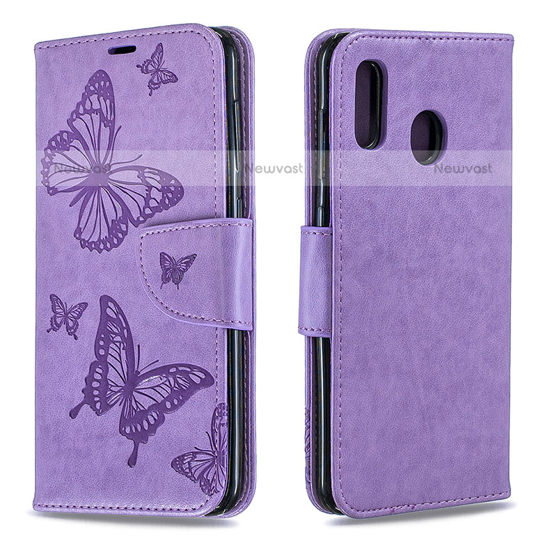 Leather Case Stands Butterfly Flip Cover Holder B01F for Samsung Galaxy A20 Clove Purple