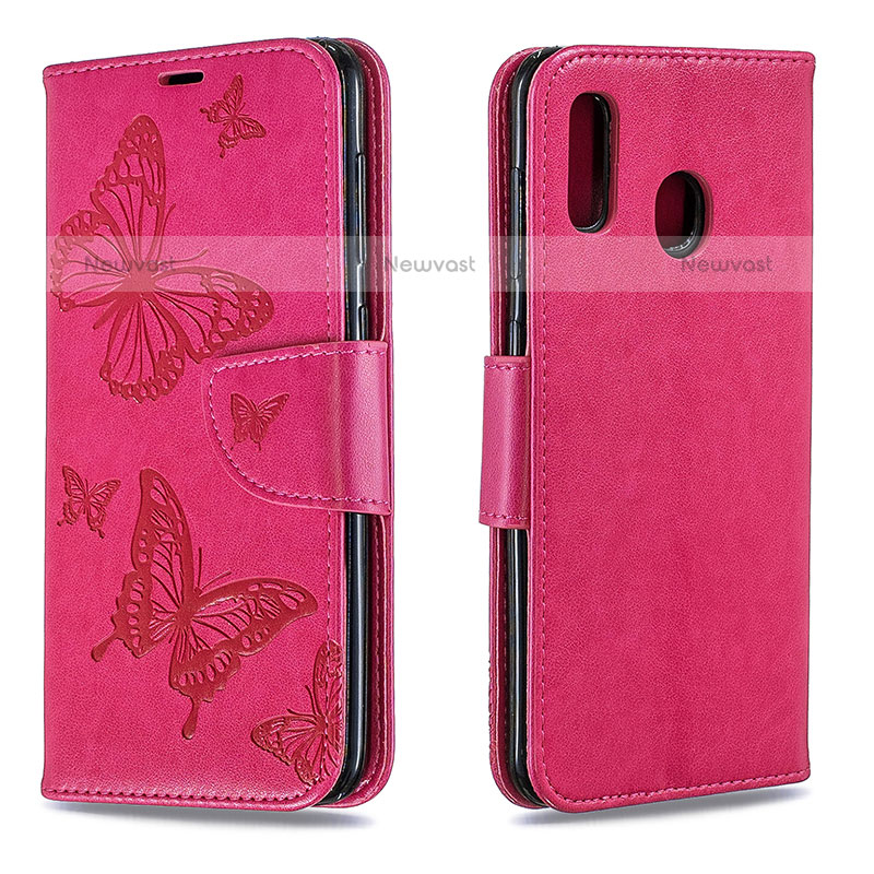 Leather Case Stands Butterfly Flip Cover Holder B01F for Samsung Galaxy A20 Hot Pink