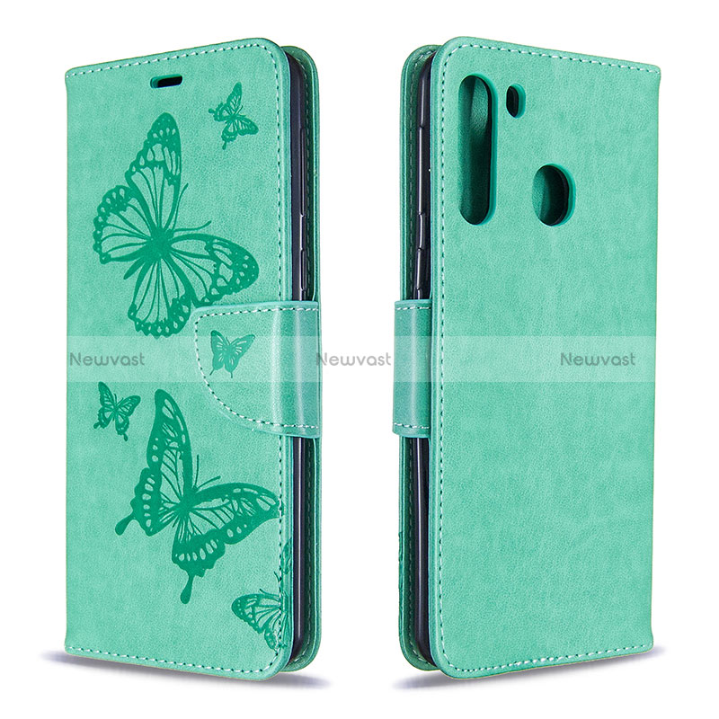 Leather Case Stands Butterfly Flip Cover Holder B01F for Samsung Galaxy A21 Green