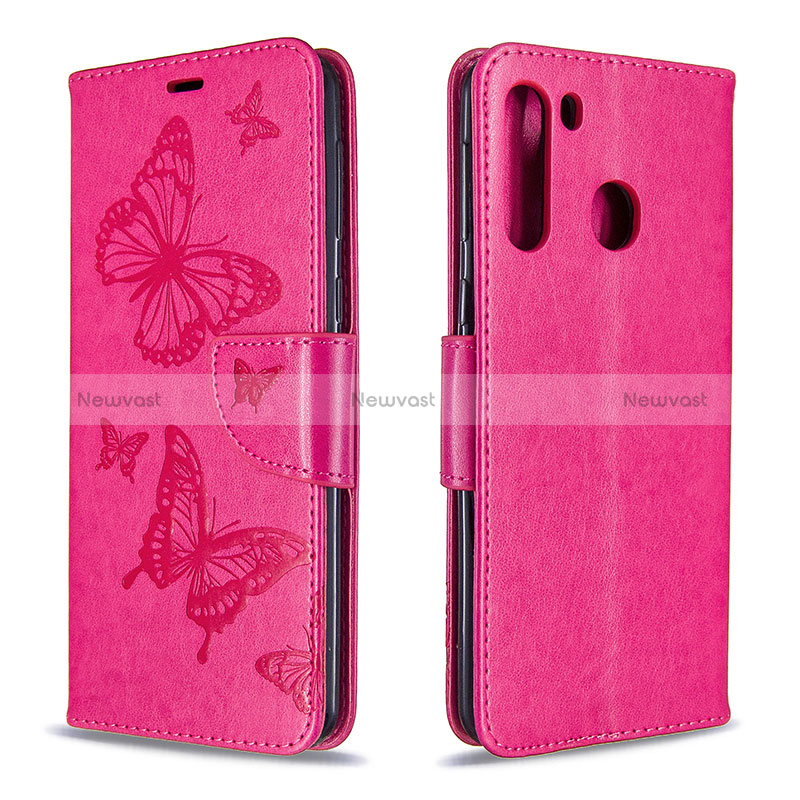 Leather Case Stands Butterfly Flip Cover Holder B01F for Samsung Galaxy A21 Hot Pink