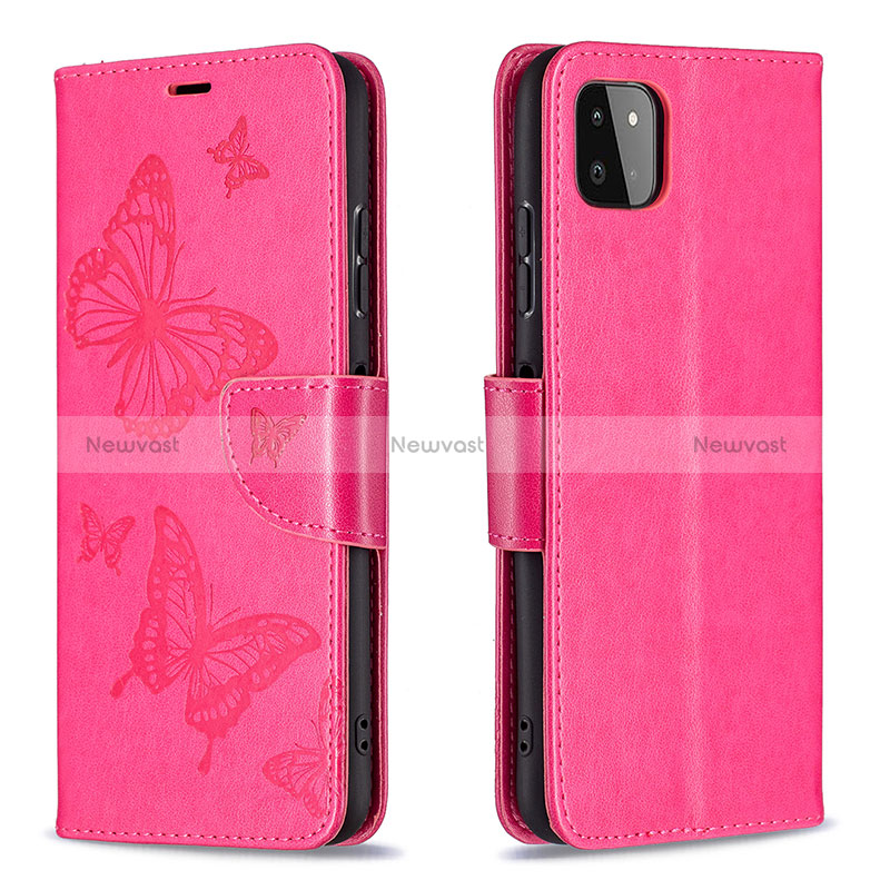 Leather Case Stands Butterfly Flip Cover Holder B01F for Samsung Galaxy A22 5G Hot Pink