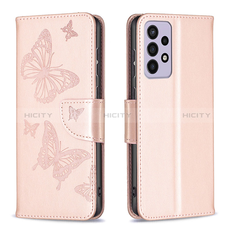 Leather Case Stands Butterfly Flip Cover Holder B01F for Samsung Galaxy A73 5G Rose Gold