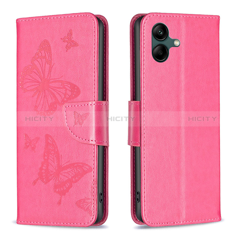 Leather Case Stands Butterfly Flip Cover Holder B01F for Samsung Galaxy F04 Hot Pink