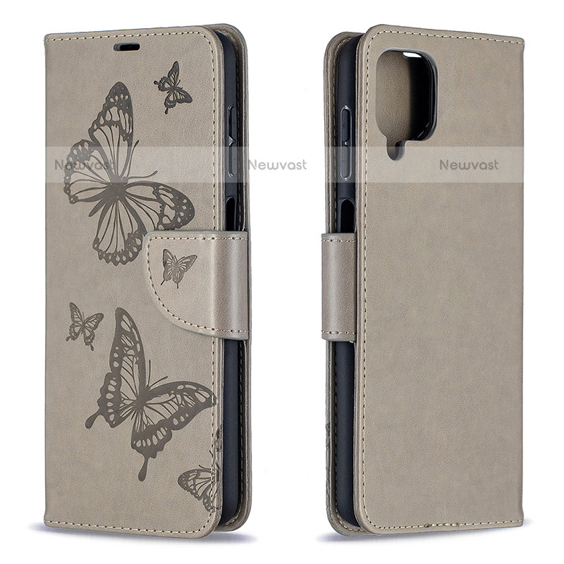 Leather Case Stands Butterfly Flip Cover Holder B01F for Samsung Galaxy F12 Gray