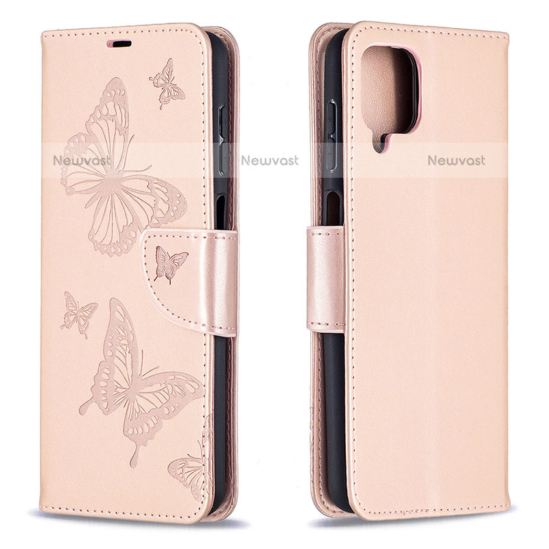 Leather Case Stands Butterfly Flip Cover Holder B01F for Samsung Galaxy F12 Rose Gold