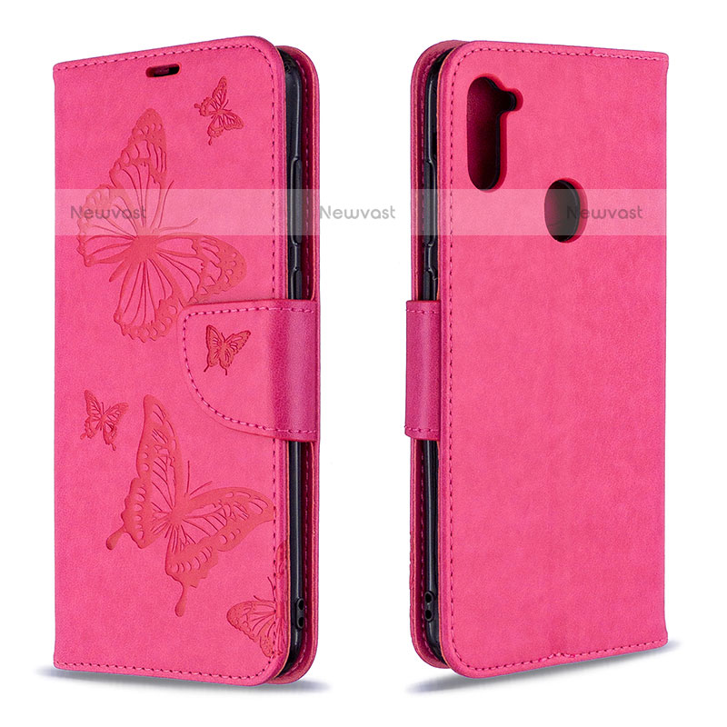 Leather Case Stands Butterfly Flip Cover Holder B01F for Samsung Galaxy M11 Hot Pink