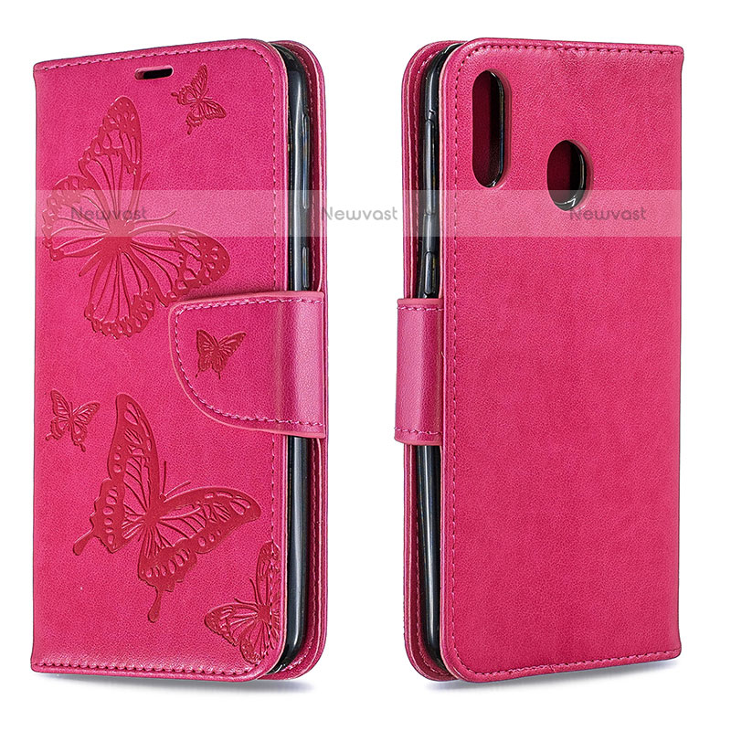 Leather Case Stands Butterfly Flip Cover Holder B01F for Samsung Galaxy M20 Hot Pink