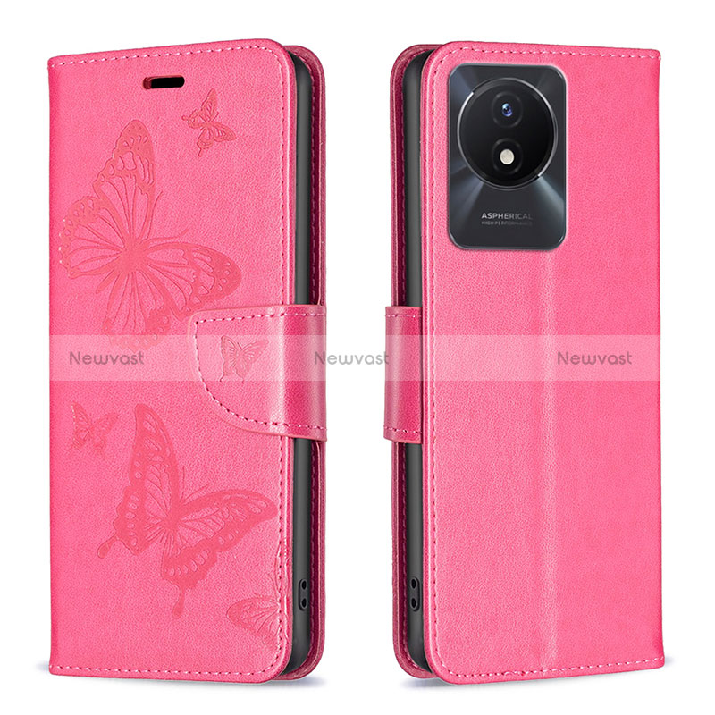 Leather Case Stands Butterfly Flip Cover Holder B01F for Vivo Y02 Hot Pink