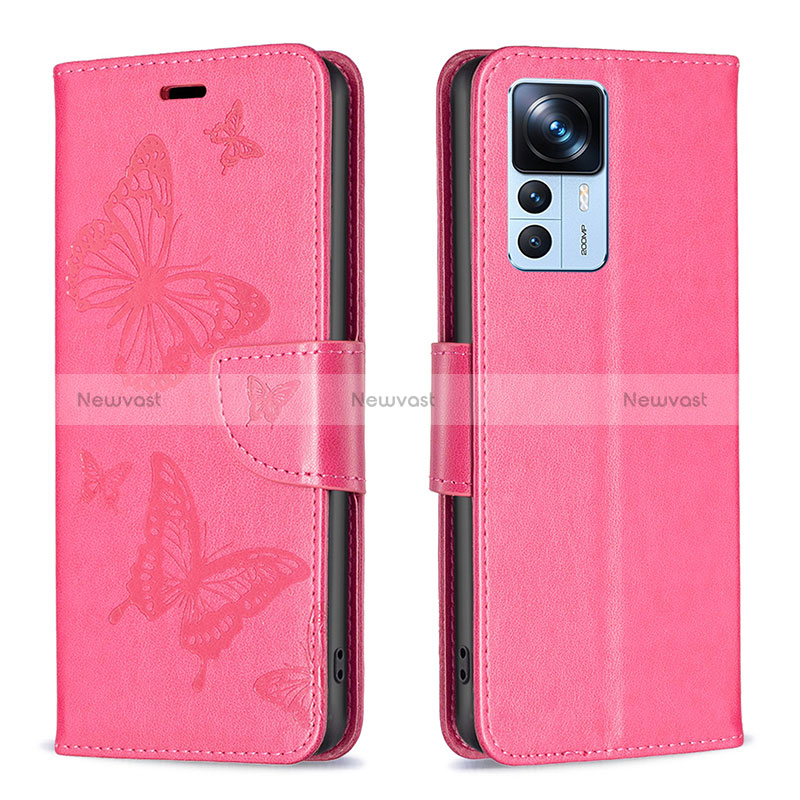 Leather Case Stands Butterfly Flip Cover Holder B01F for Xiaomi Mi 12T 5G Hot Pink