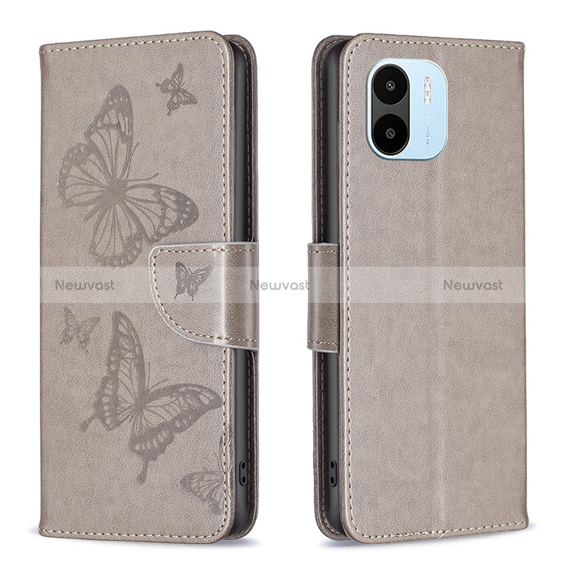 Leather Case Stands Butterfly Flip Cover Holder B01F for Xiaomi Poco C50 Gray