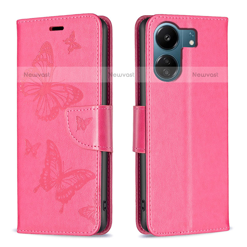 Leather Case Stands Butterfly Flip Cover Holder B01F for Xiaomi Poco C65 Hot Pink