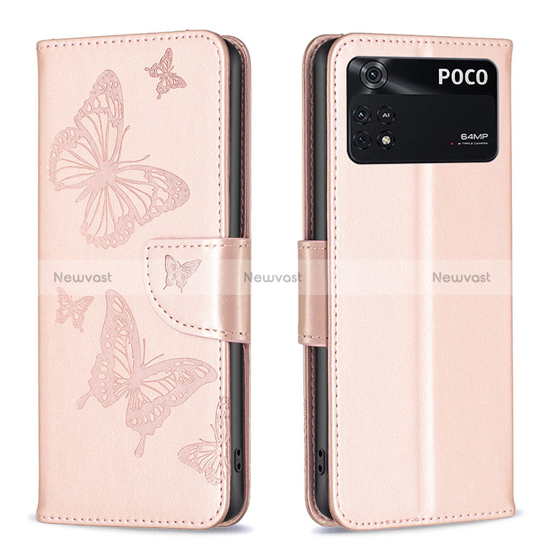 Leather Case Stands Butterfly Flip Cover Holder B01F for Xiaomi Poco M4 Pro 4G