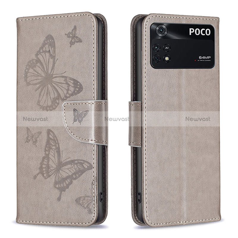 Leather Case Stands Butterfly Flip Cover Holder B01F for Xiaomi Poco M4 Pro 4G