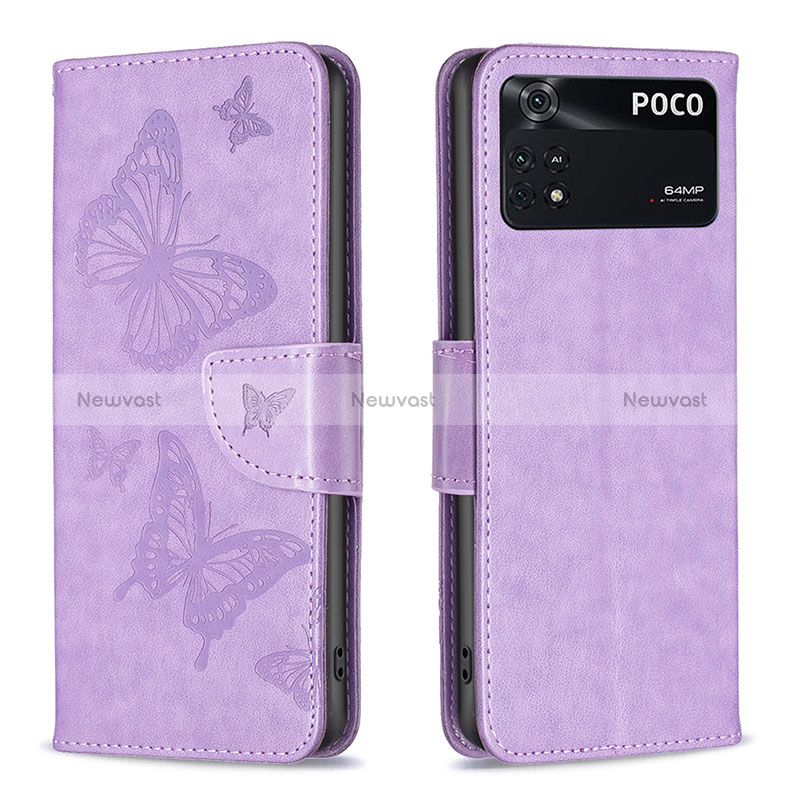 Leather Case Stands Butterfly Flip Cover Holder B01F for Xiaomi Poco M4 Pro 4G Clove Purple