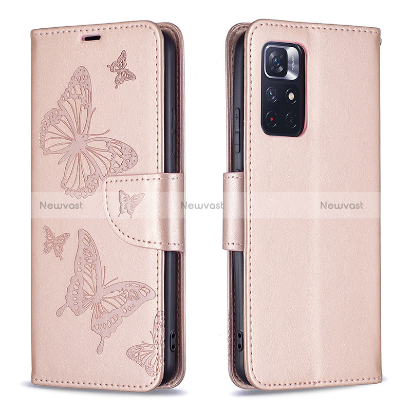 Leather Case Stands Butterfly Flip Cover Holder B01F for Xiaomi Poco M4 Pro 5G Rose Gold