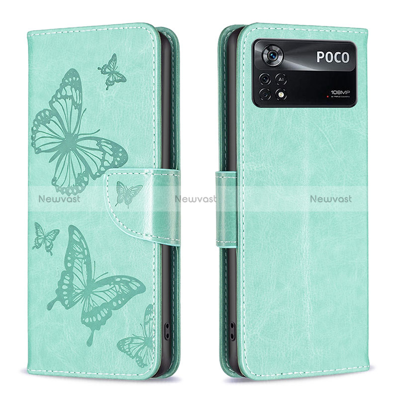 Leather Case Stands Butterfly Flip Cover Holder B01F for Xiaomi Poco X4 Pro 5G Green