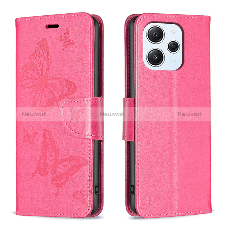 Leather Case Stands Butterfly Flip Cover Holder B01F for Xiaomi Redmi 12 4G Hot Pink