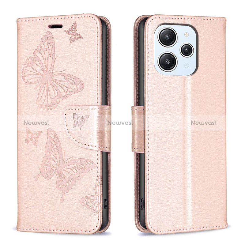 Leather Case Stands Butterfly Flip Cover Holder B01F for Xiaomi Redmi 12 4G Rose Gold