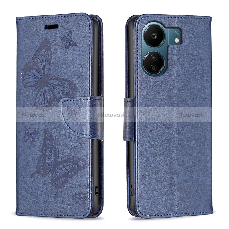 Leather Case Stands Butterfly Flip Cover Holder B01F for Xiaomi Redmi 13C Blue