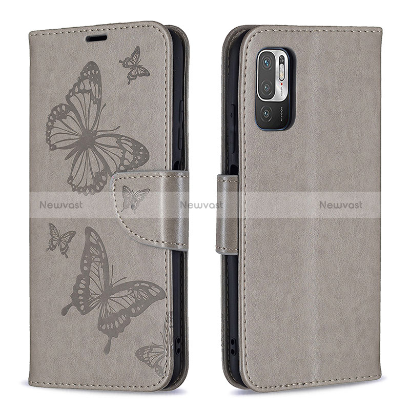 Leather Case Stands Butterfly Flip Cover Holder B01F for Xiaomi Redmi Note 10 5G Gray