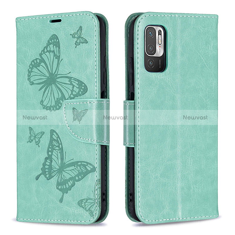 Leather Case Stands Butterfly Flip Cover Holder B01F for Xiaomi Redmi Note 10 5G Green
