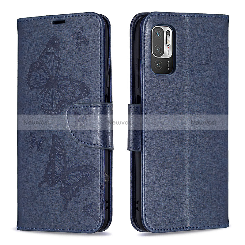 Leather Case Stands Butterfly Flip Cover Holder B01F for Xiaomi Redmi Note 10T 5G Blue