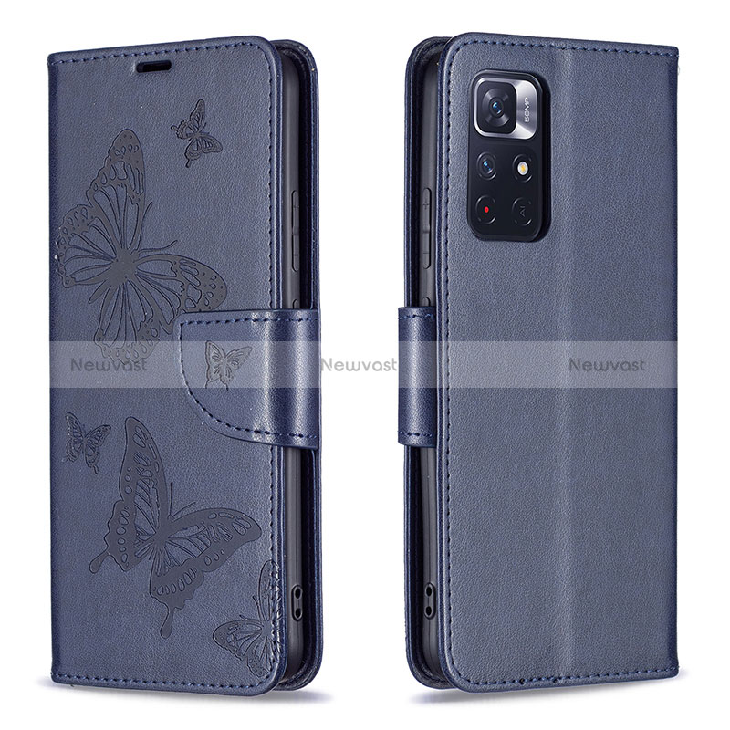 Leather Case Stands Butterfly Flip Cover Holder B01F for Xiaomi Redmi Note 11 5G Blue