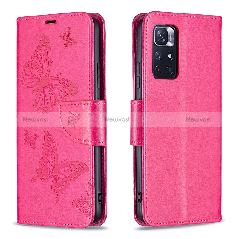 Leather Case Stands Butterfly Flip Cover Holder B01F for Xiaomi Redmi Note 11 5G Hot Pink