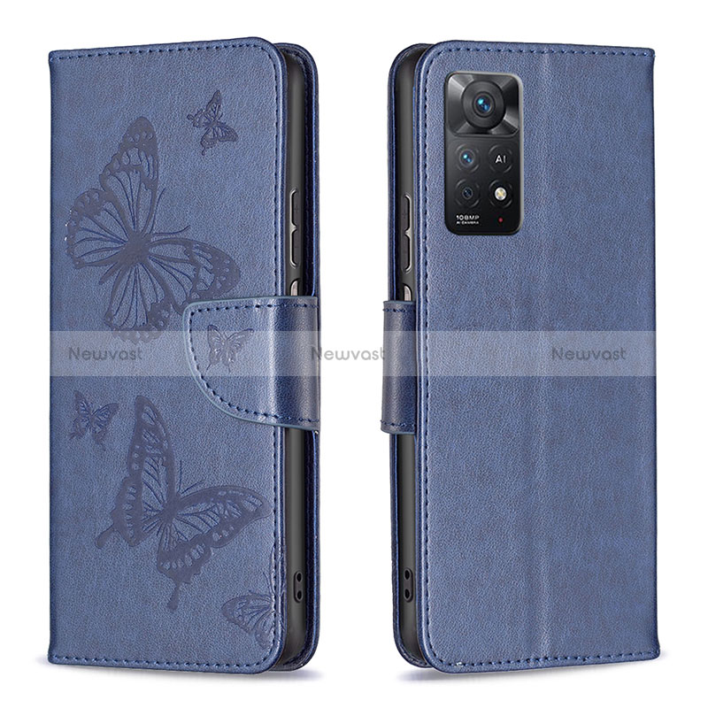 Leather Case Stands Butterfly Flip Cover Holder B01F for Xiaomi Redmi Note 11 Pro 4G Blue