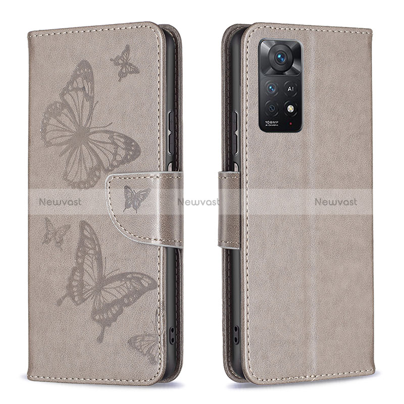 Leather Case Stands Butterfly Flip Cover Holder B01F for Xiaomi Redmi Note 11 Pro 4G Gray