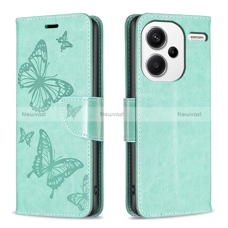 Leather Case Stands Butterfly Flip Cover Holder B01F for Xiaomi Redmi Note 13 Pro+ Plus 5G Green