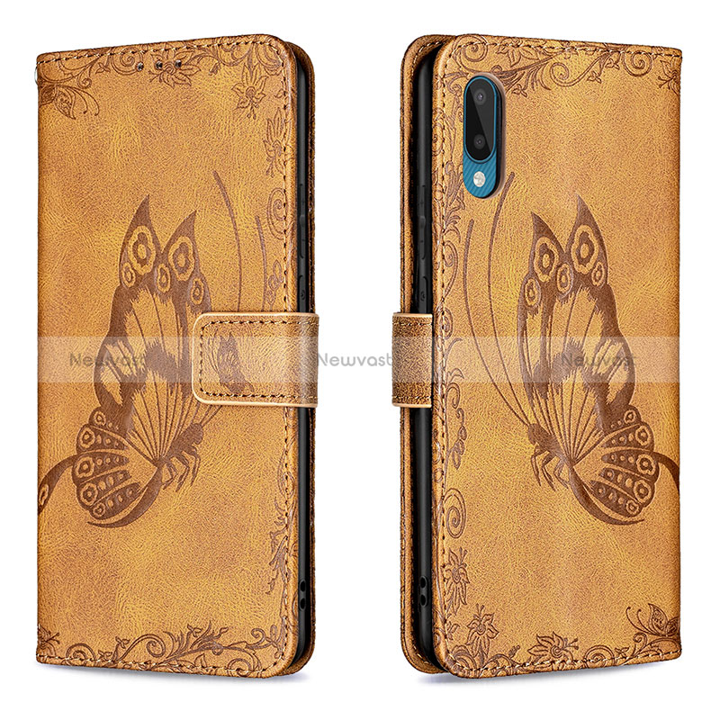 Leather Case Stands Butterfly Flip Cover Holder B02F for Samsung Galaxy A02 Brown
