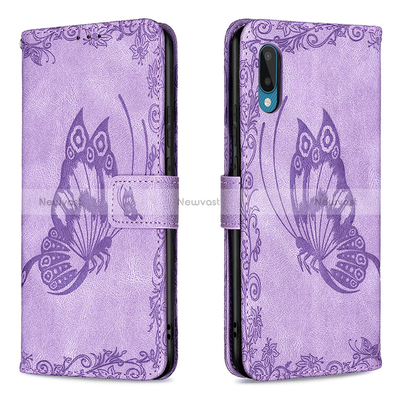 Leather Case Stands Butterfly Flip Cover Holder B02F for Samsung Galaxy A02 Clove Purple