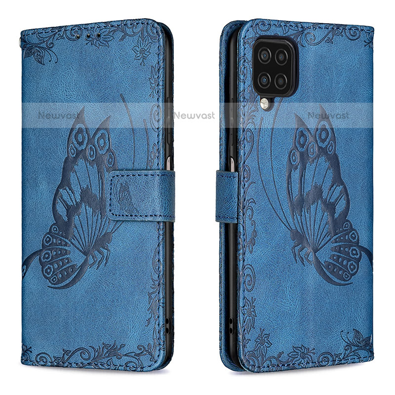 Leather Case Stands Butterfly Flip Cover Holder B02F for Samsung Galaxy A12 Blue