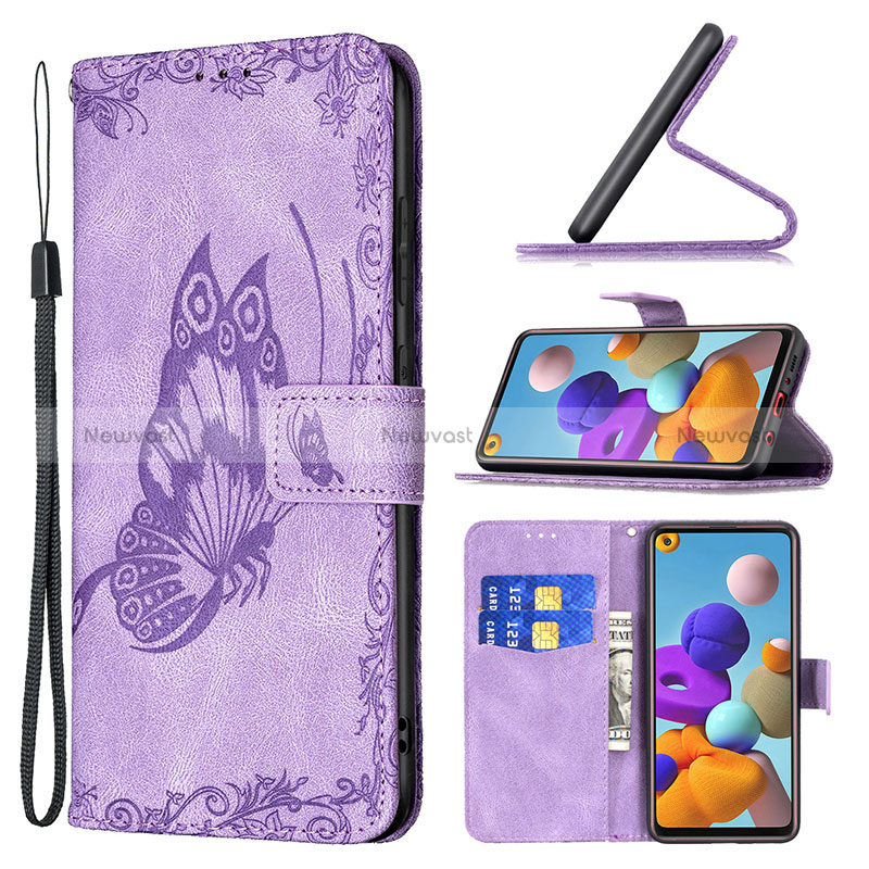 Leather Case Stands Butterfly Flip Cover Holder B02F for Samsung Galaxy A21s