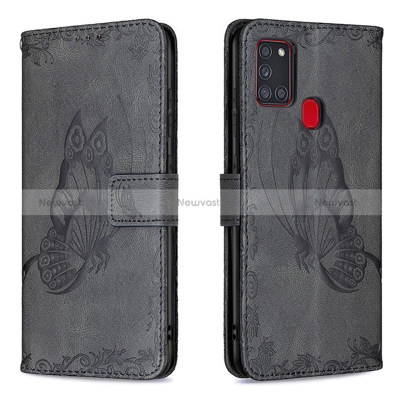 Leather Case Stands Butterfly Flip Cover Holder B02F for Samsung Galaxy A21s Black