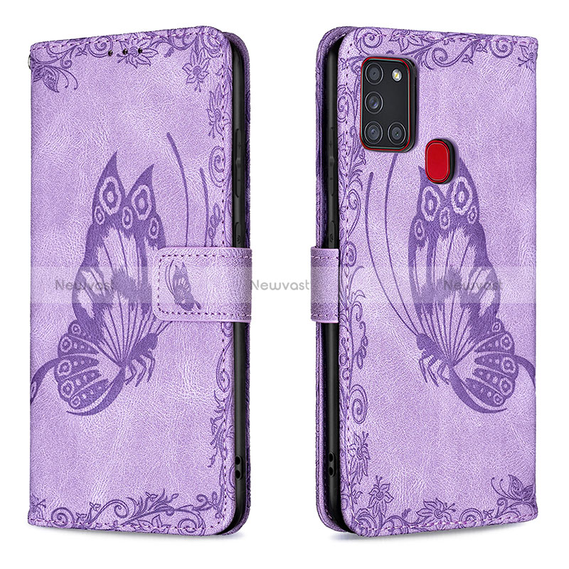 Leather Case Stands Butterfly Flip Cover Holder B02F for Samsung Galaxy A21s Clove Purple