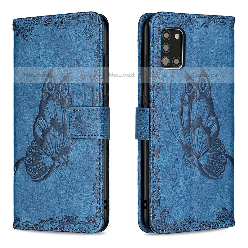 Leather Case Stands Butterfly Flip Cover Holder B02F for Samsung Galaxy A31 Blue