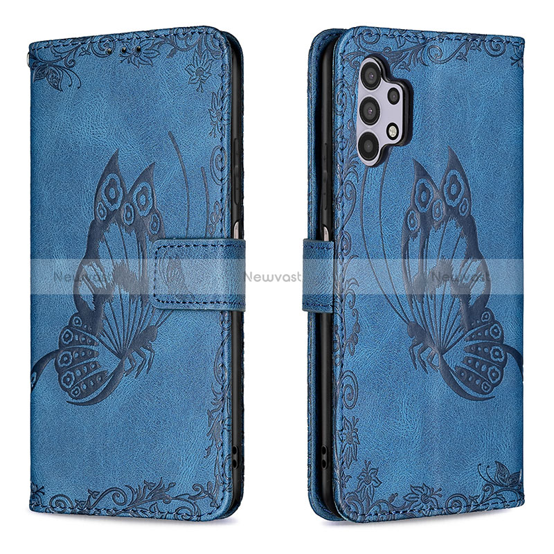 Leather Case Stands Butterfly Flip Cover Holder B02F for Samsung Galaxy A32 5G Blue
