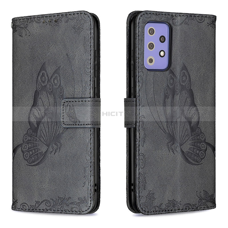 Leather Case Stands Butterfly Flip Cover Holder B02F for Samsung Galaxy A72 4G Black